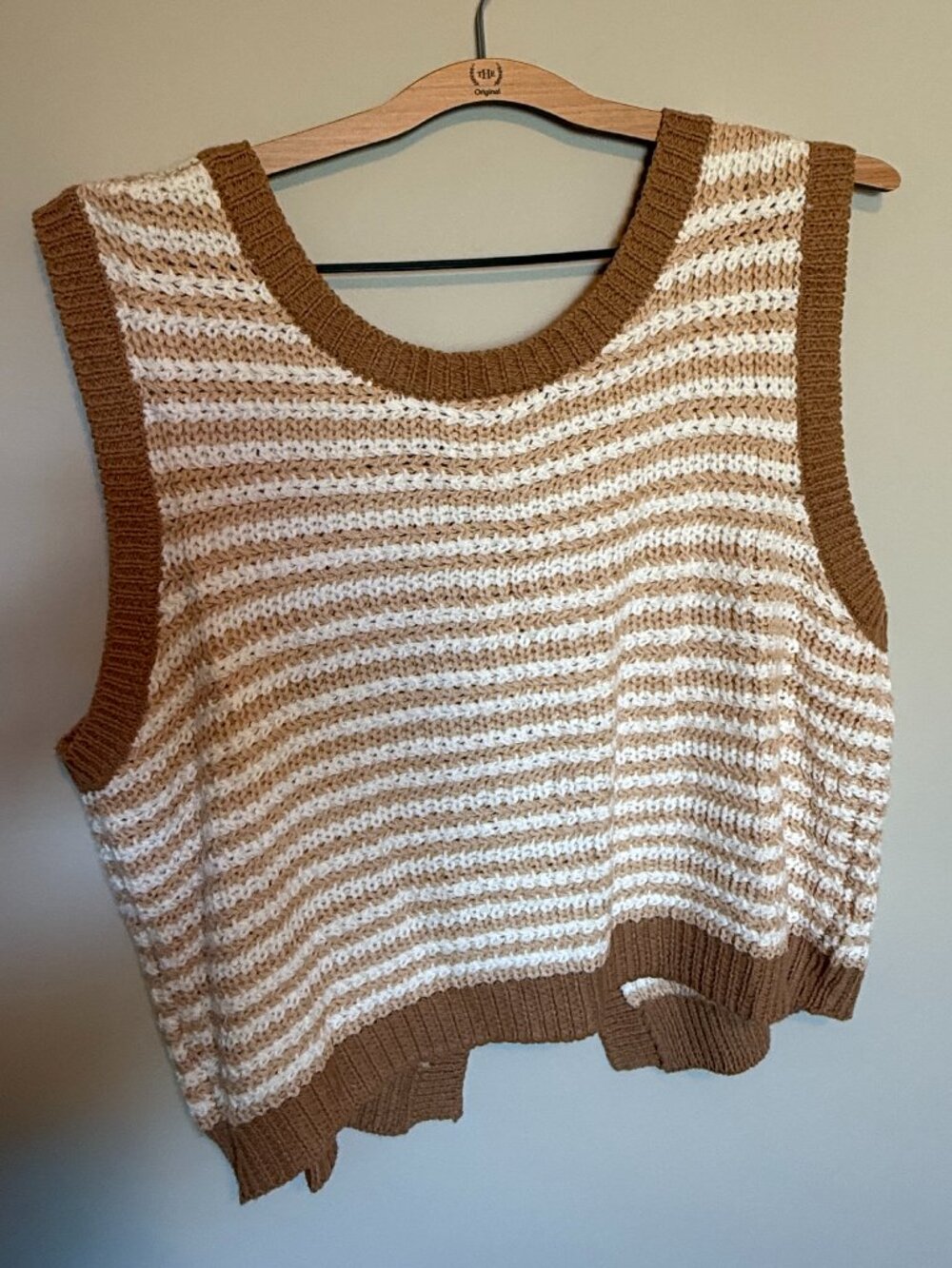 Reversible Tie Front Striped Sweater Vest Tan Cream Knit Size Large